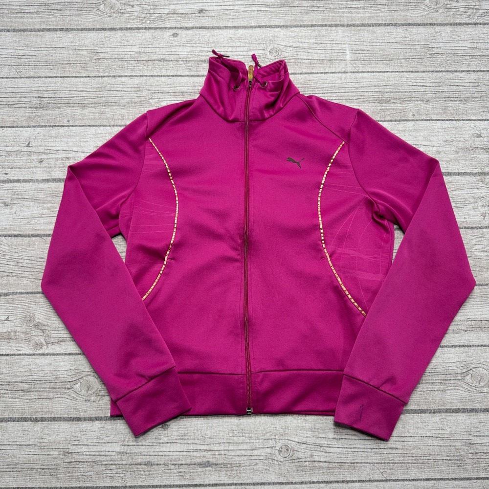 Puma Track Jacket Women's Large Pink Funnel Neck Thumbhole Sportswear Athletic